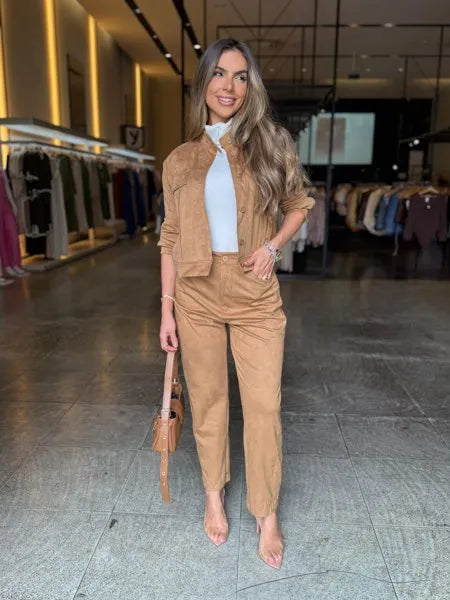 Conjunto Jaqueta e Calça Suede Café