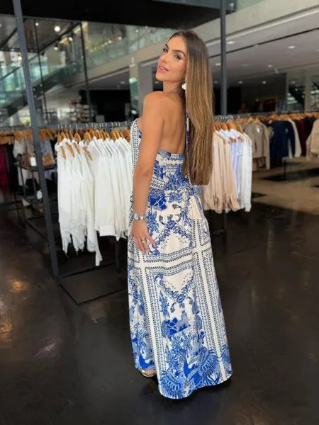 Vestido Longo Floral Fundo Azul Piscina / Estampa