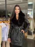 Parka Feminina Couro Gola Pelo Removível - Preto