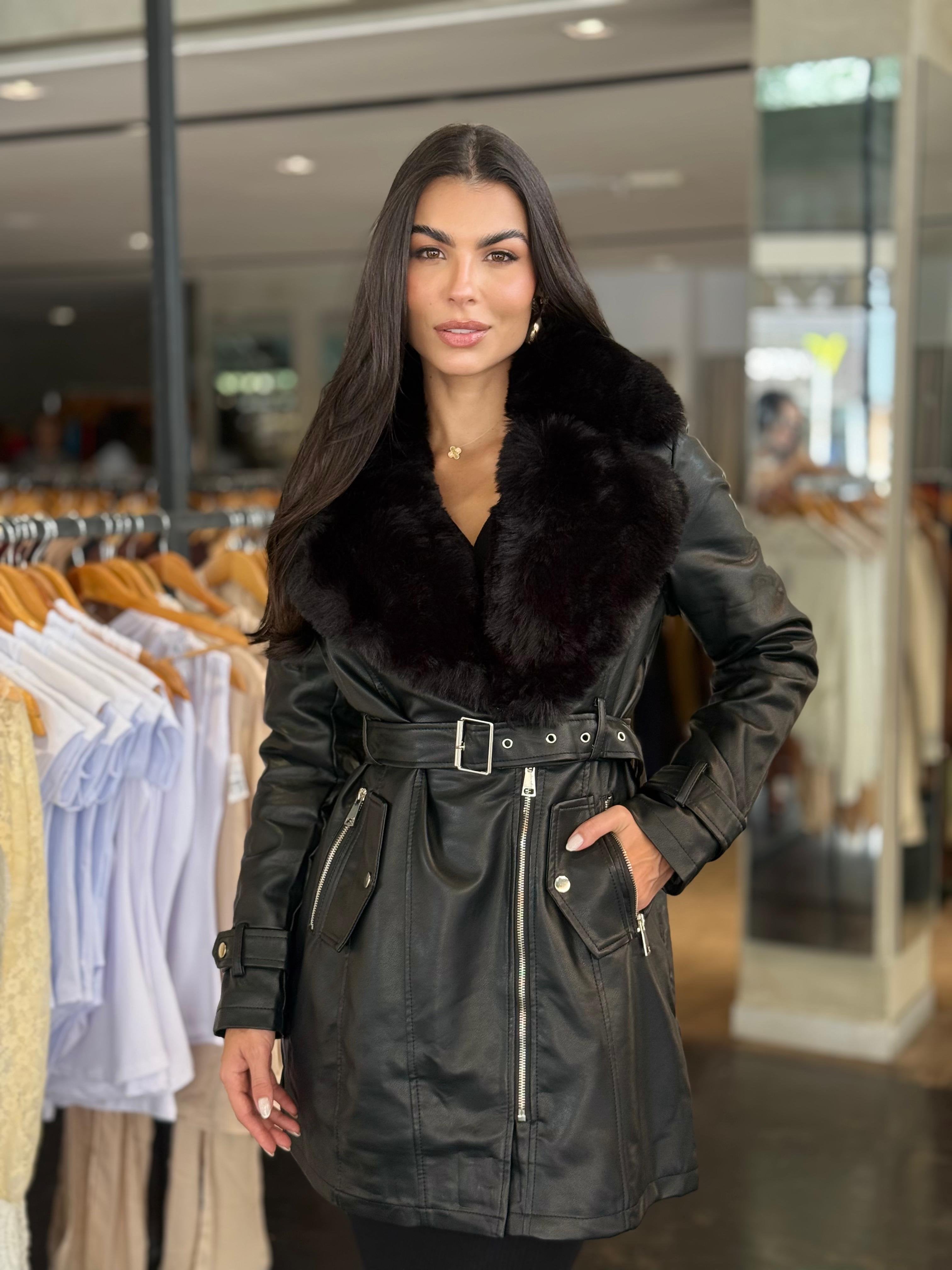 Parka Feminina Couro Gola Pelo Removível - Preto