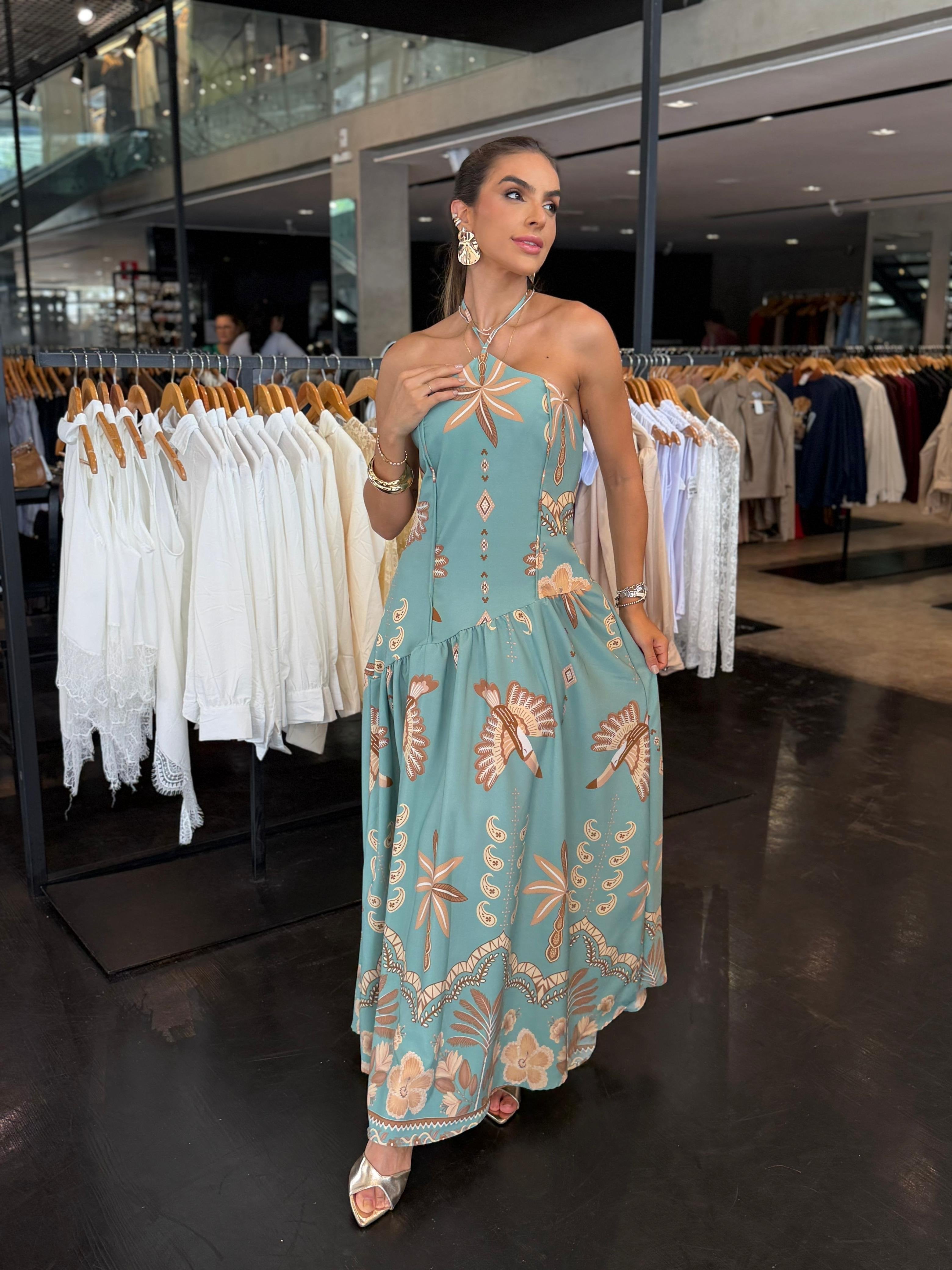 Vestido Longo Floral Fundo Azul Piscina / Estampa - Fundo Azul Piscina Estampa Marrom