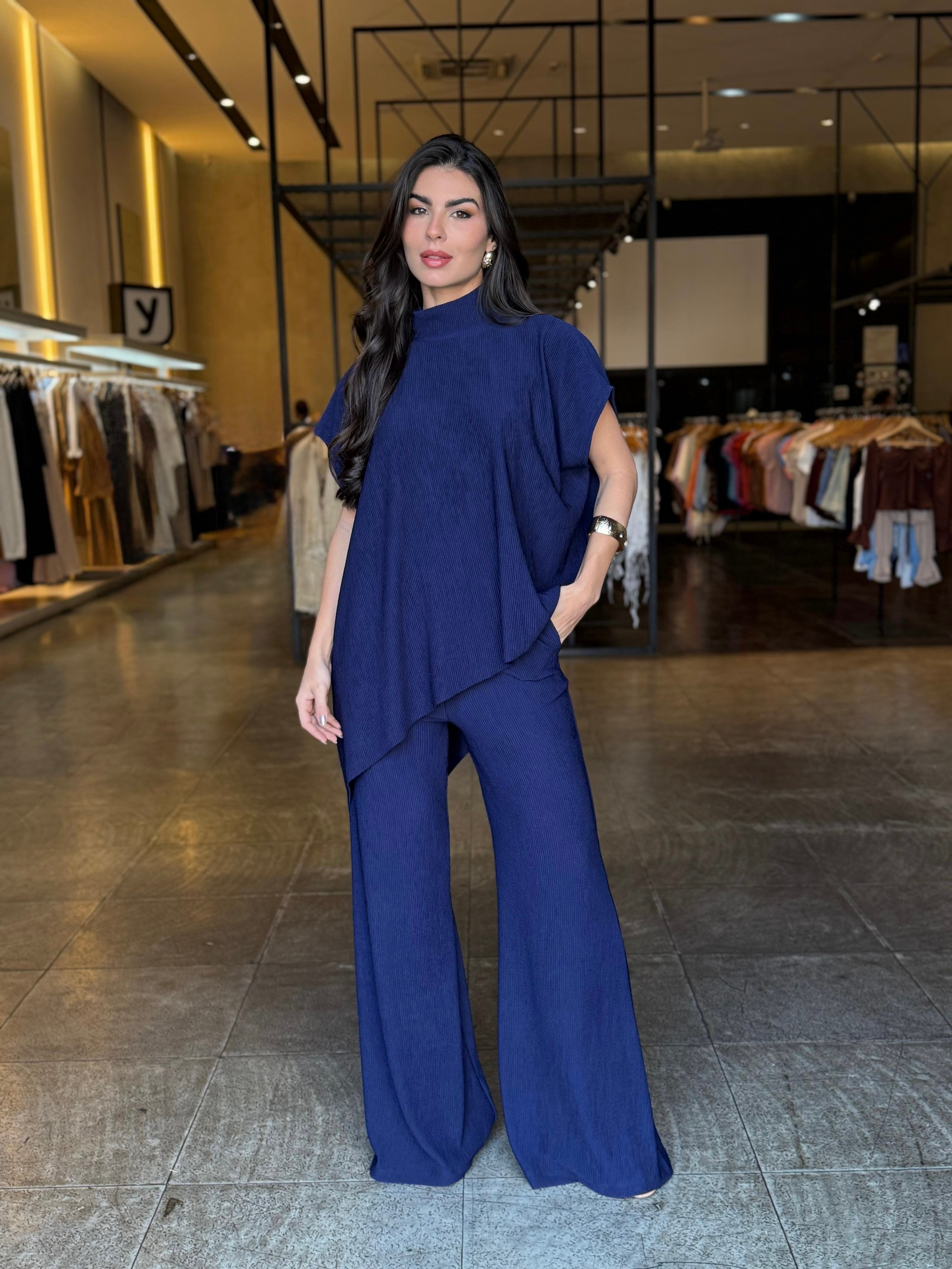 Conjunto Feminino Blusa Assimétrica Luxo - Azul Marinho