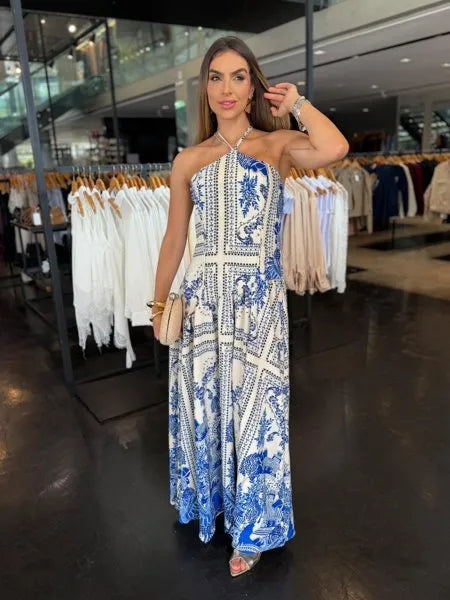 Vestido Longo Floral Fundo Azul Piscina / Estampa