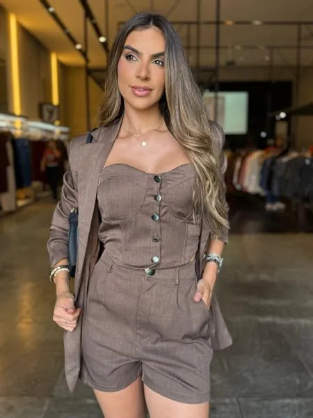 Conjunto Três Peças Blazer Short Alfaiataria