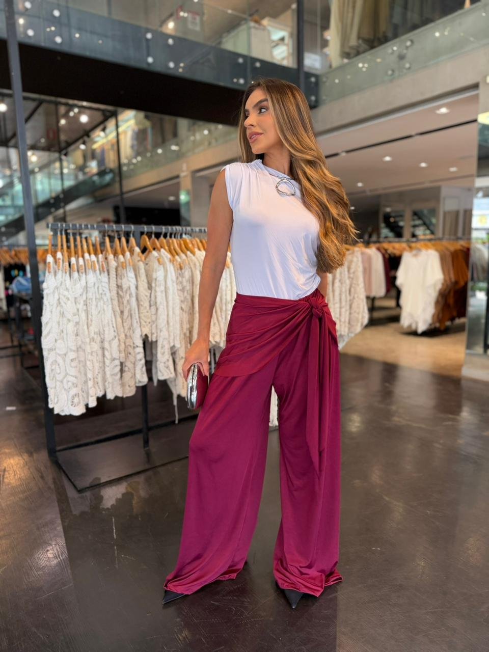 Calça Pantalona com Amarração Lenço - Vinho