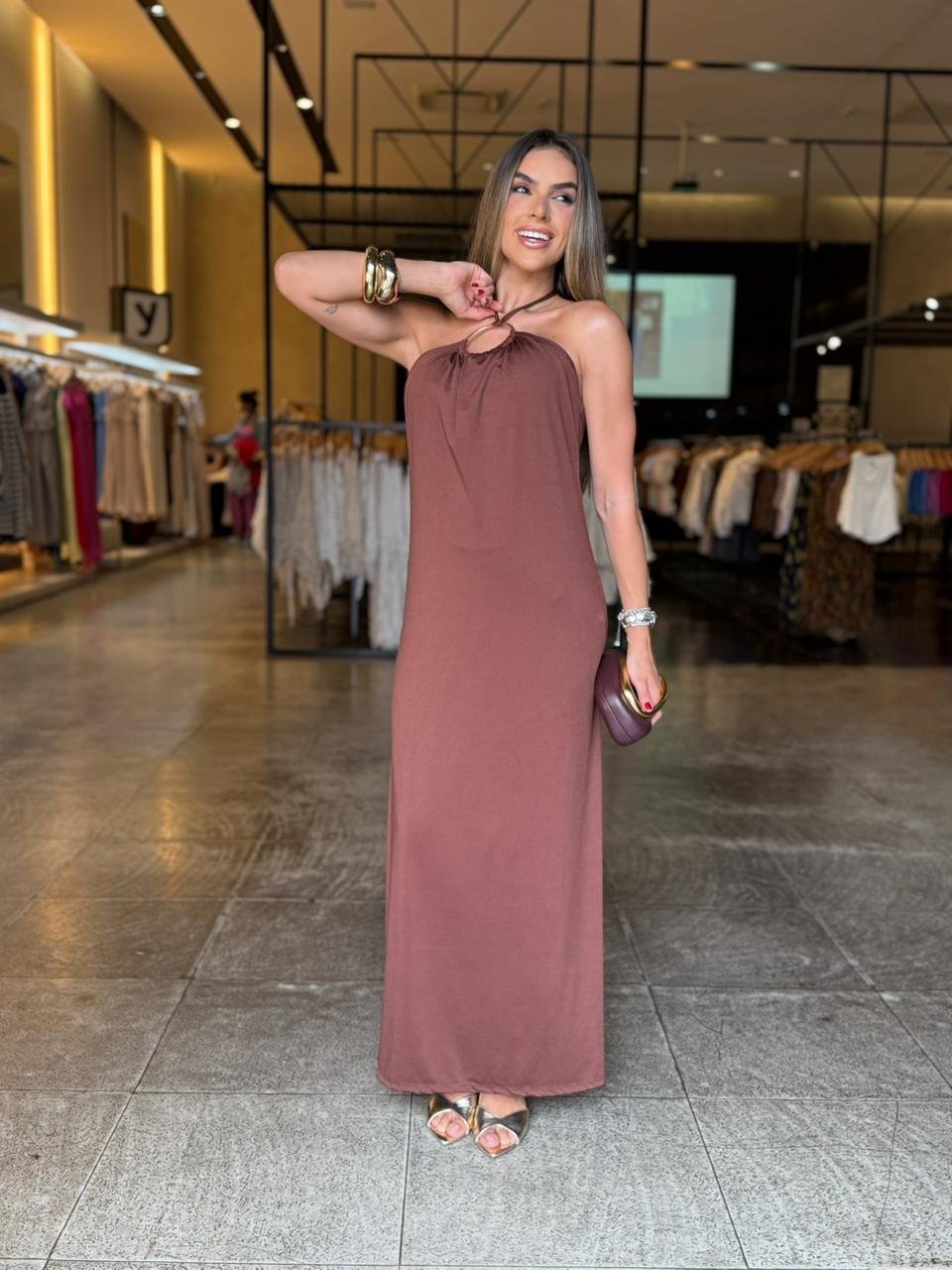 Vestido Longo Detalhe Argola - Marrom