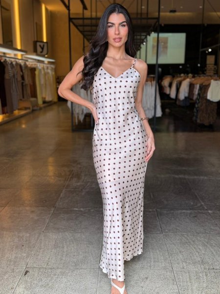 Vestido Cetim Poá Longuete