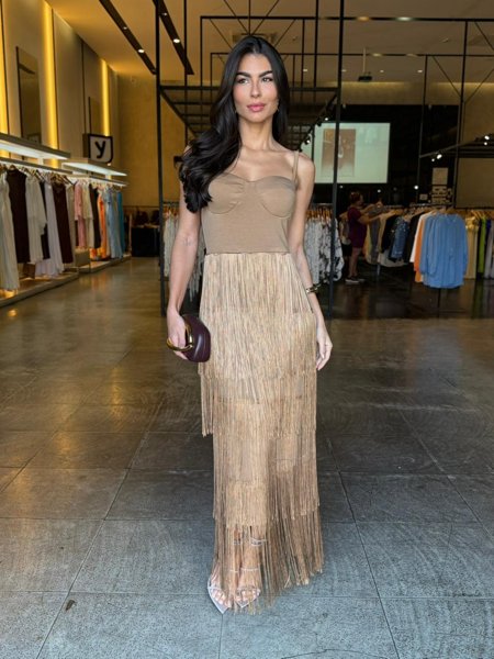 Vestido Longo Luxo Detalhe Franjas