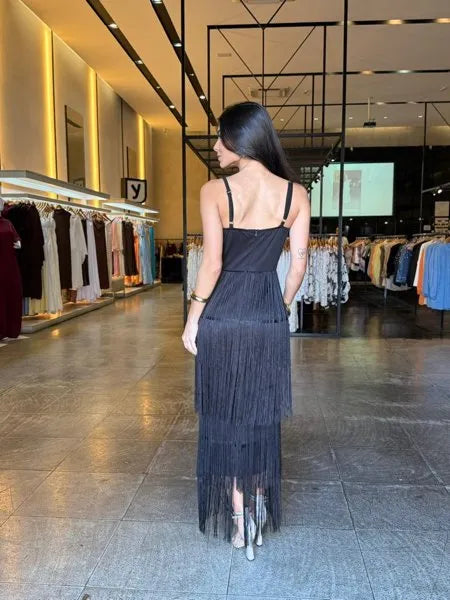 Vestido Longo Luxo Detalhe Franjas