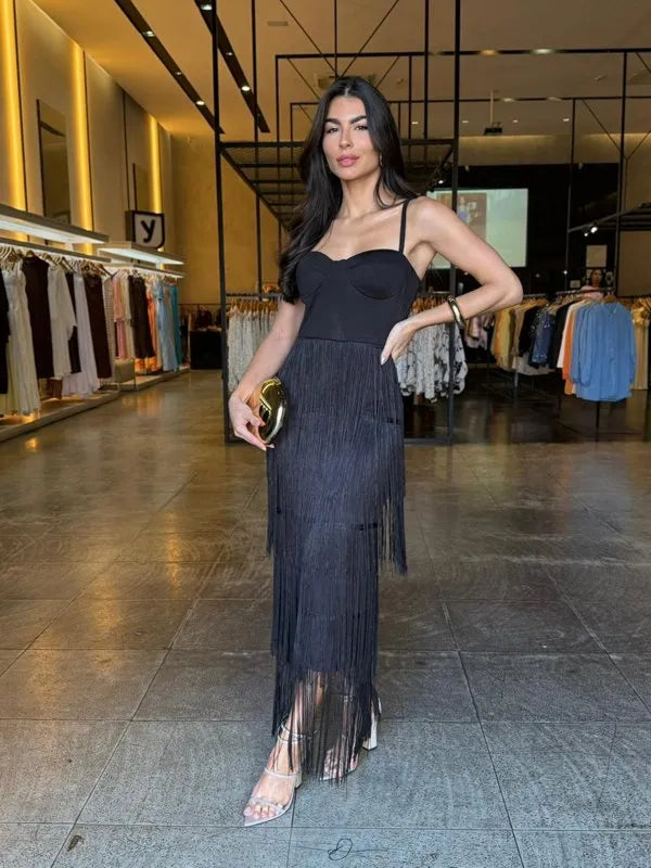 Vestido Longo Luxo Detalhe Franjas