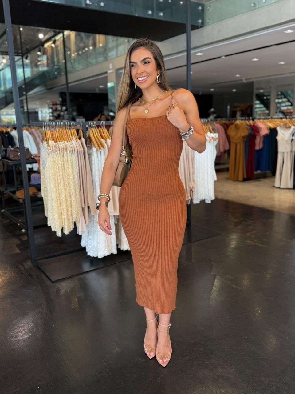 Vestido Tricô Modal Amarração Costas - Caramelo