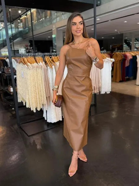 Vestido Couro Midi