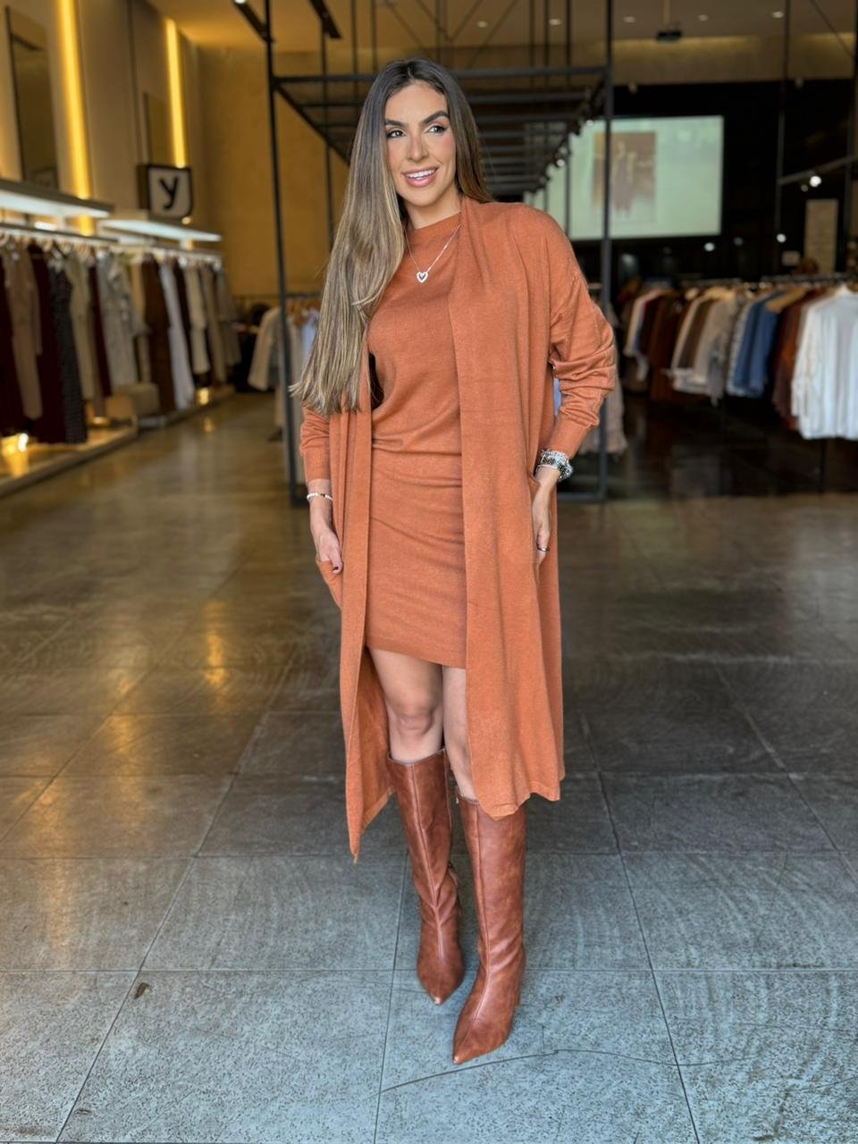 Conjunto Vestido e Cardigan Modal - Caramelo
