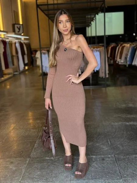 Vestido Modal Midi Um Ombro Só Manga Longa