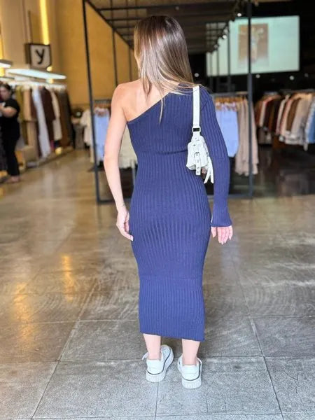 Vestido Modal Midi Um Ombro Só Manga Longa
