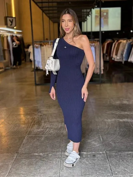 Vestido Modal Midi Um Ombro Só Manga Longa