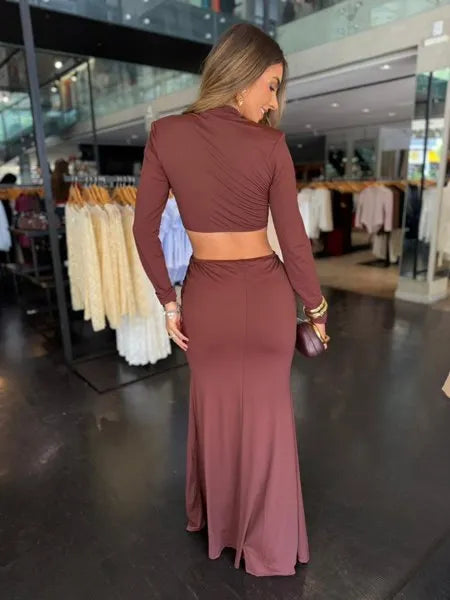 Vestido Longo Manga Longa Decote Costas