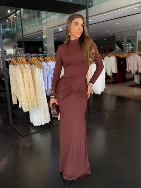 Vestido Longo Manga Longa Decote Costas
