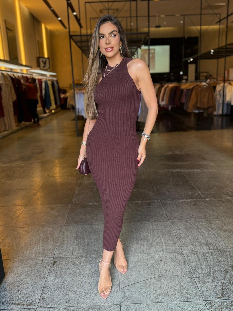 Vestido Midi Modal Gola Alta - Marrom