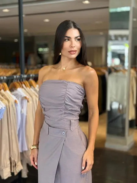 Conjunto Alfaiataria Saia Longa e Blusa Tomara Que Caia