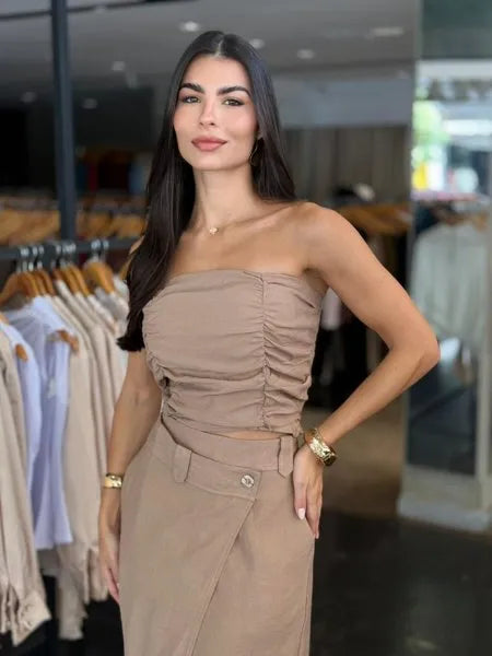 Conjunto Alfaiataria Saia Longa e Blusa Tomara Que Caia