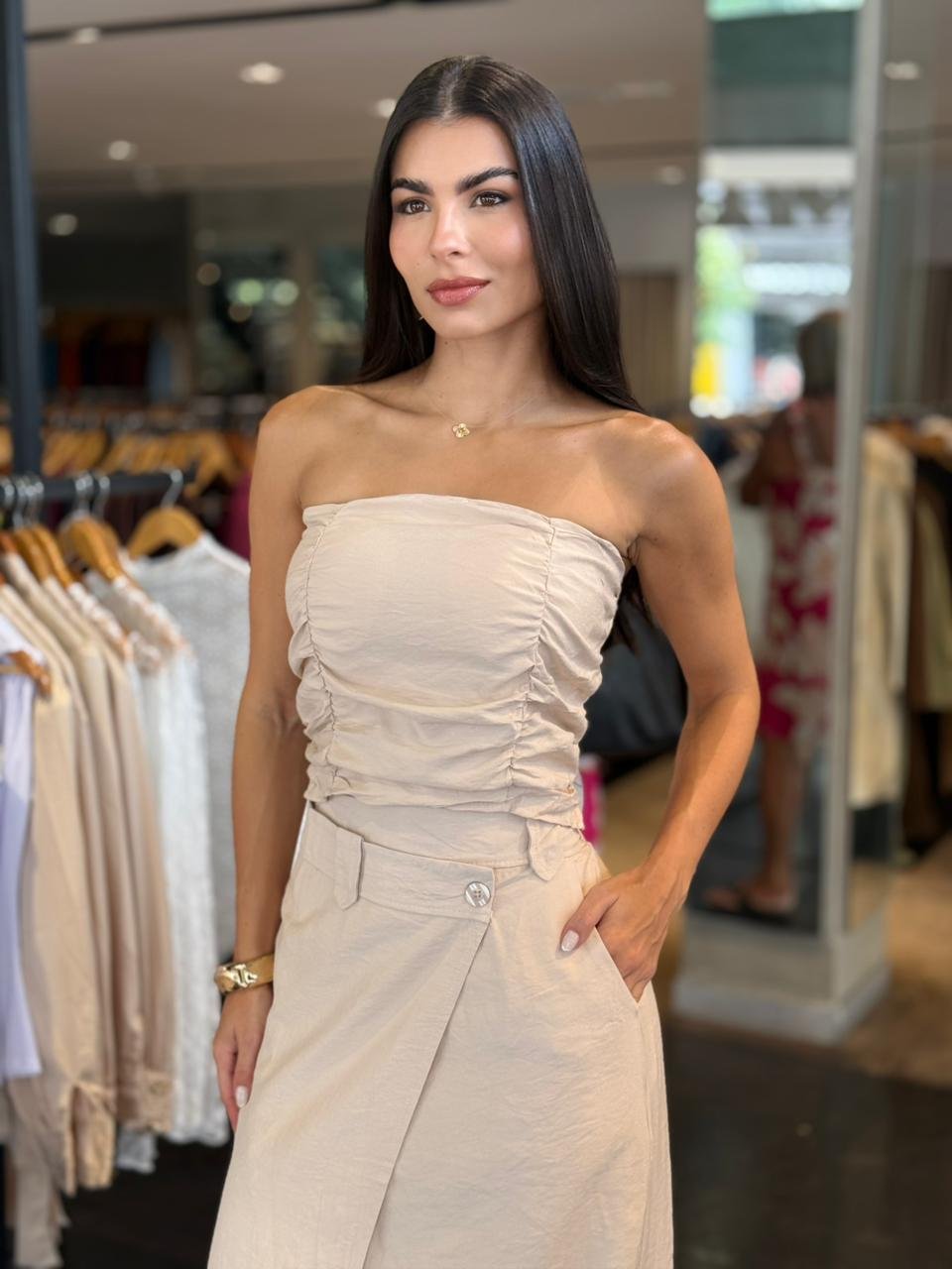 Conjunto Alfaiataria Saia Longa e Blusa Tomara Que Caia
