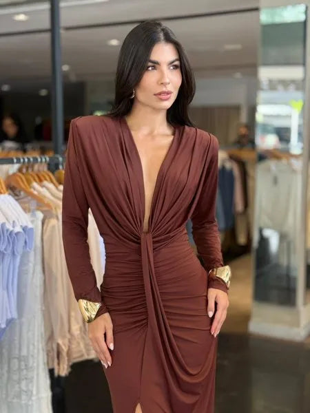 Vestido Longo Feminino Manga Longa Fenda Frontal