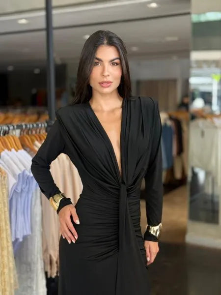 Vestido Longo Feminino Manga Longa Fenda Frontal