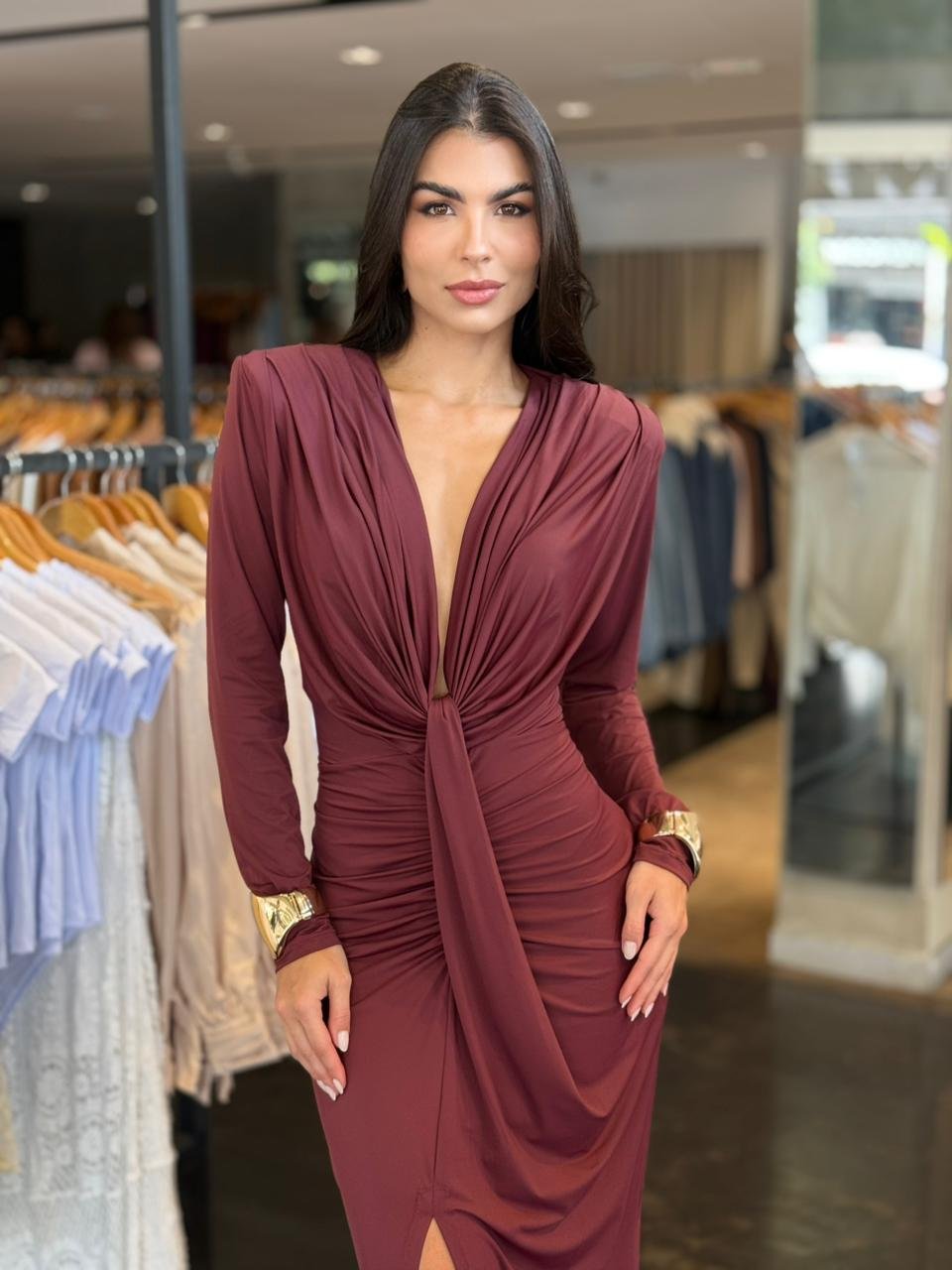 Vestido Longo Feminino Manga Longa Fenda Frontal