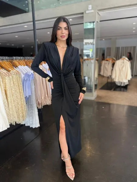 Vestido Longo Feminino Manga Longa Fenda Frontal