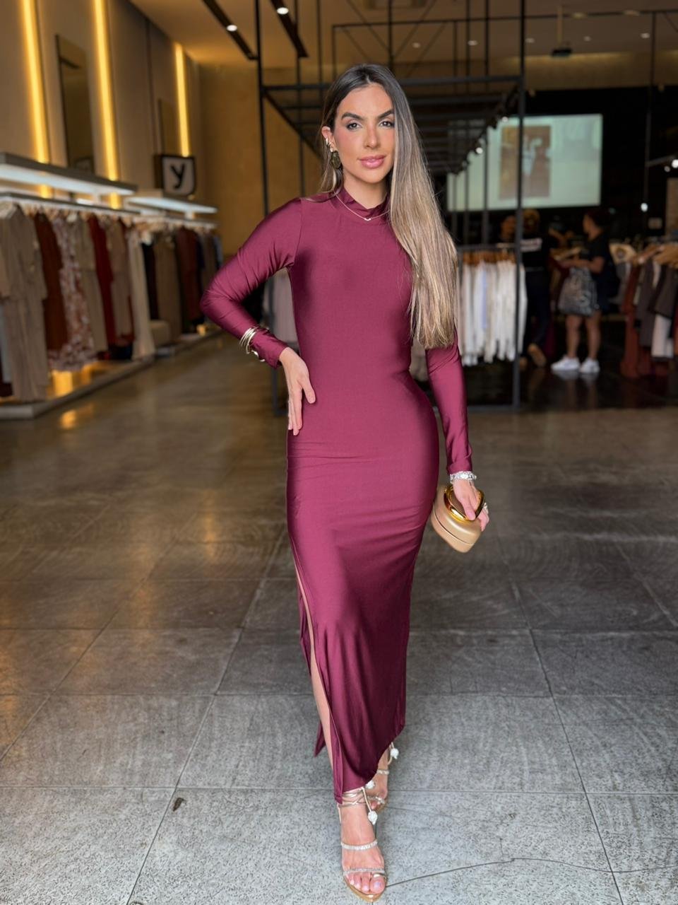 Vestido Suplex Manga Longa Gola Alta - Marsala